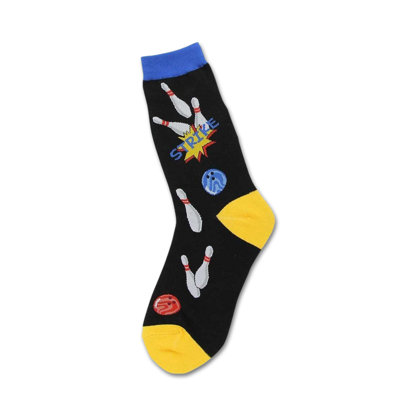 Black crew socks with a bowling theme.  Features gray bowling pins, a blue and red bowling ball, and a 'Strike!' graphic. Yellow accents at the heel and toe.