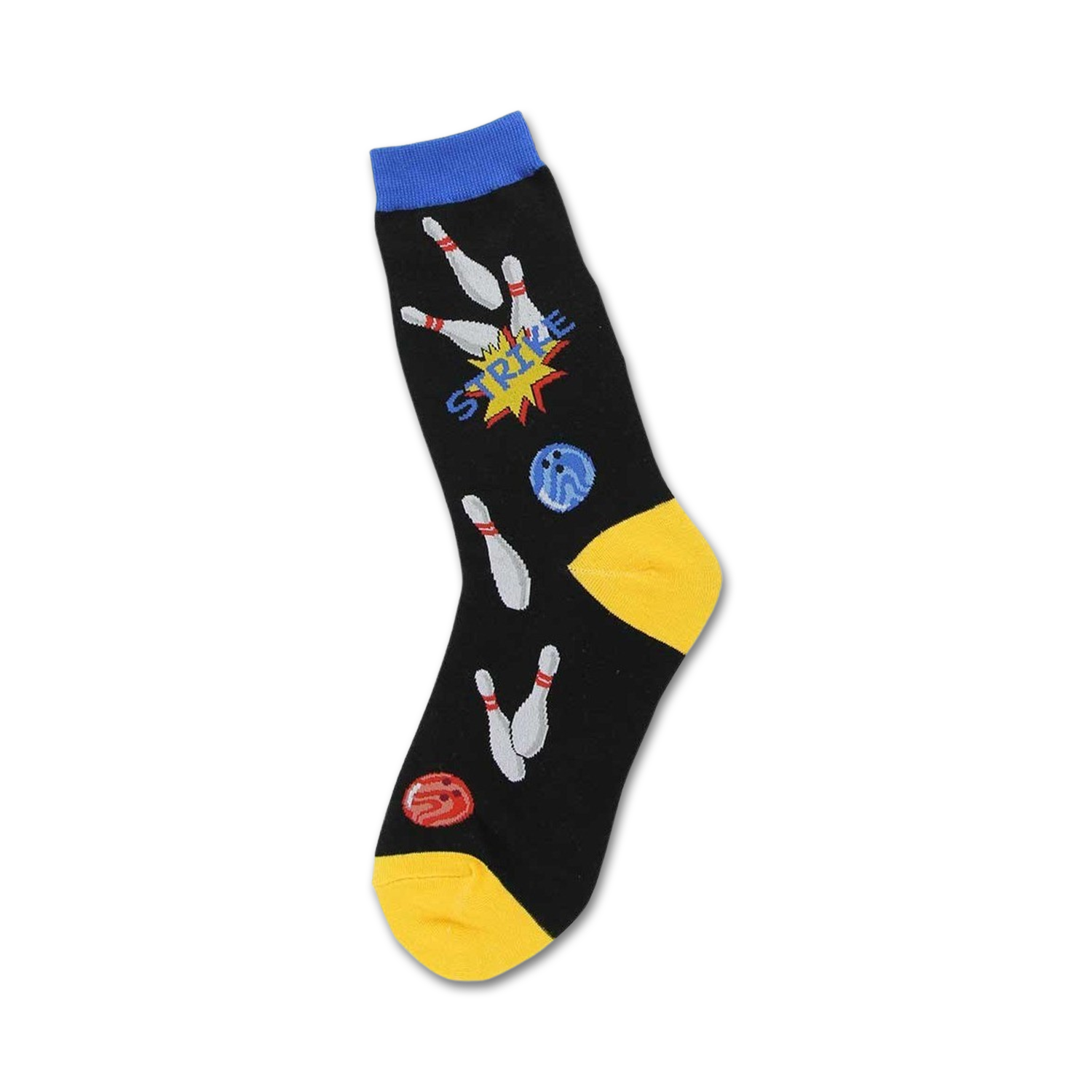 Black crew socks with a bowling theme.  Features gray bowling pins, a blue and red bowling ball, and a 'Strike!' graphic. Yellow accents at the heel and toe.