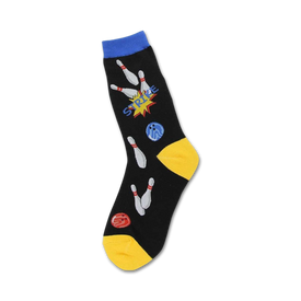 crew length womens bowling socks in black with yellow accents, bowling balls and pin design, perfect for the sports enthusiast with a fun side.  