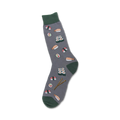 Gray crew socks with colorful sushi illustrations, including nigiri, maki, and chopsticks. Green cuffs add a pop of color.