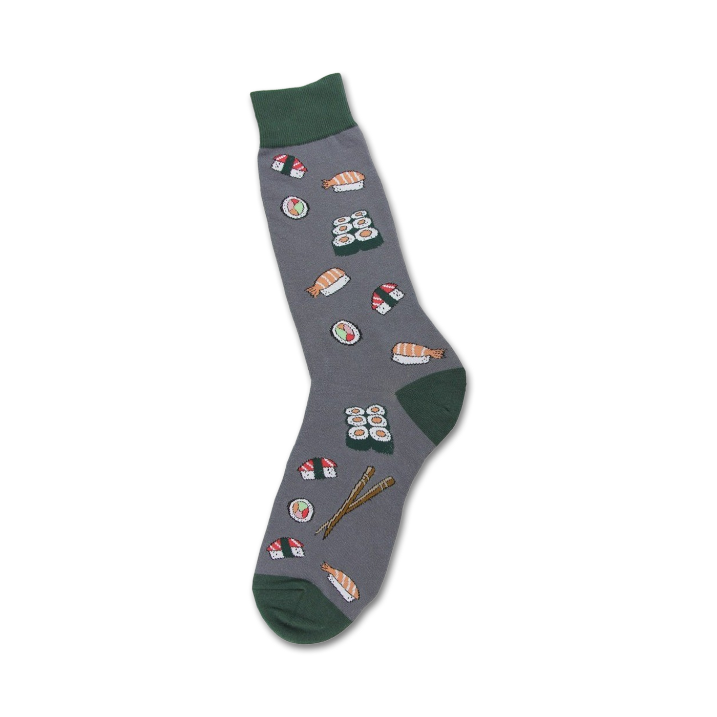 Gray crew socks with colorful sushi illustrations, including nigiri, maki, and chopsticks. Green cuffs add a pop of color.