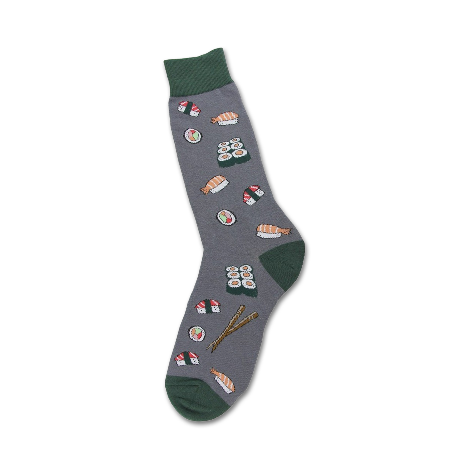 Gray crew socks with colorful sushi illustrations, including nigiri, maki, and chopsticks. Green cuffs add a pop of color.