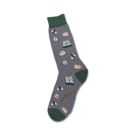 mens gray sushi-themed crew socks with different types of sushi, chopsticks, and shrimp.  