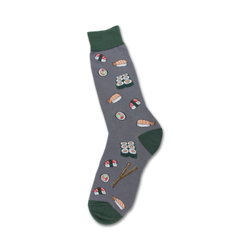 mens gray sushi-themed crew socks with different types of sushi, chopsticks, and shrimp.  