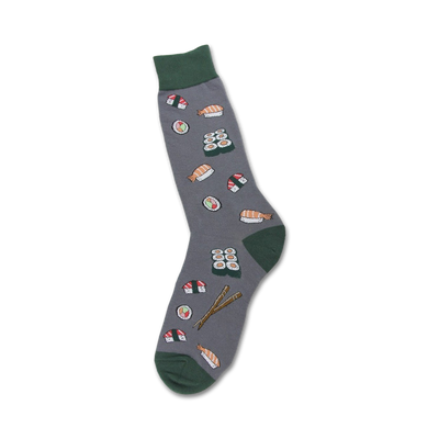 mens gray sushi-themed crew socks with different types of sushi, chopsticks, and shrimp.  