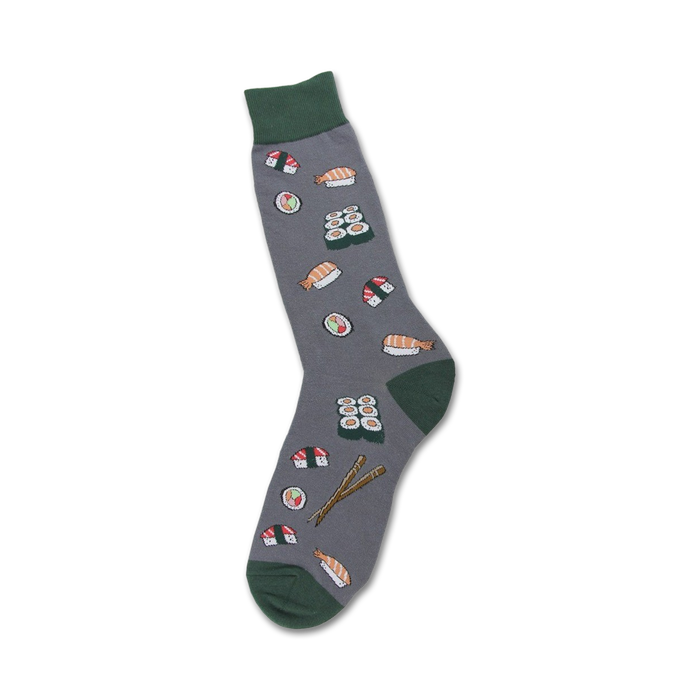 mens gray sushi-themed crew socks with different types of sushi, chopsticks, and shrimp.   }}