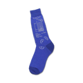 Blue crew socks with a white illustration of a gin and tonic recipe, including ice cubes and lime slices.