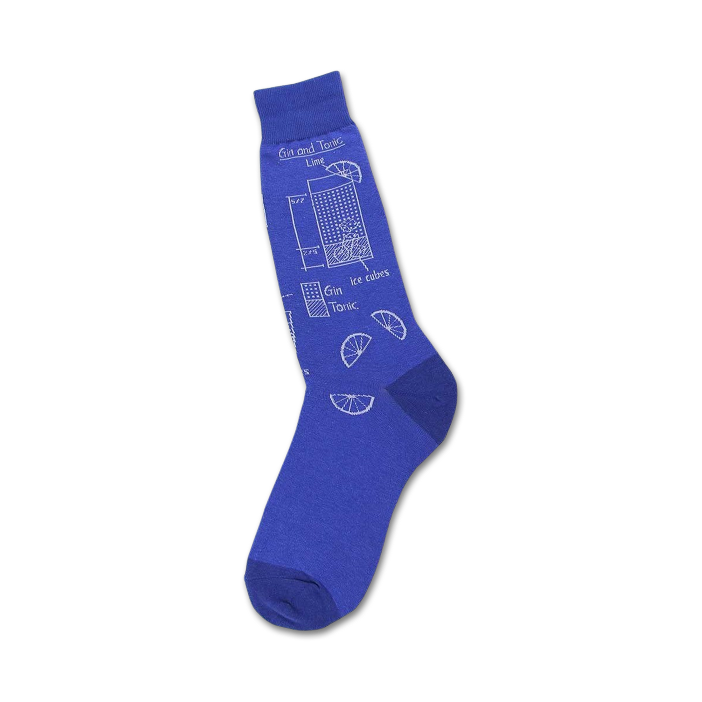 Blue crew socks with a white illustration of a gin and tonic recipe, including ice cubes and lime slices.