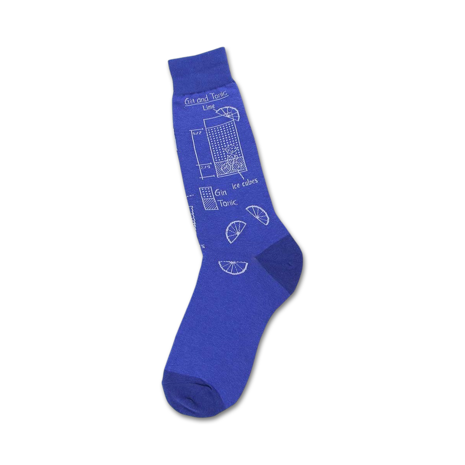 Blue crew socks with a white illustration of a gin and tonic recipe, including ice cubes and lime slices.
