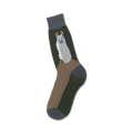Crew socks in dark green, tan, and grey featuring a whimsical llama design. The llama's face is prominent on the sock.
