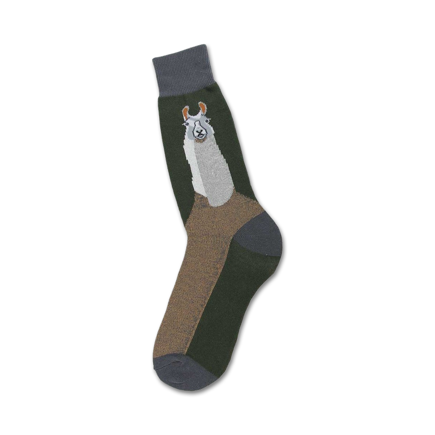 Crew socks in dark green, tan, and grey featuring a whimsical llama design. The llama's face is prominent on the sock.