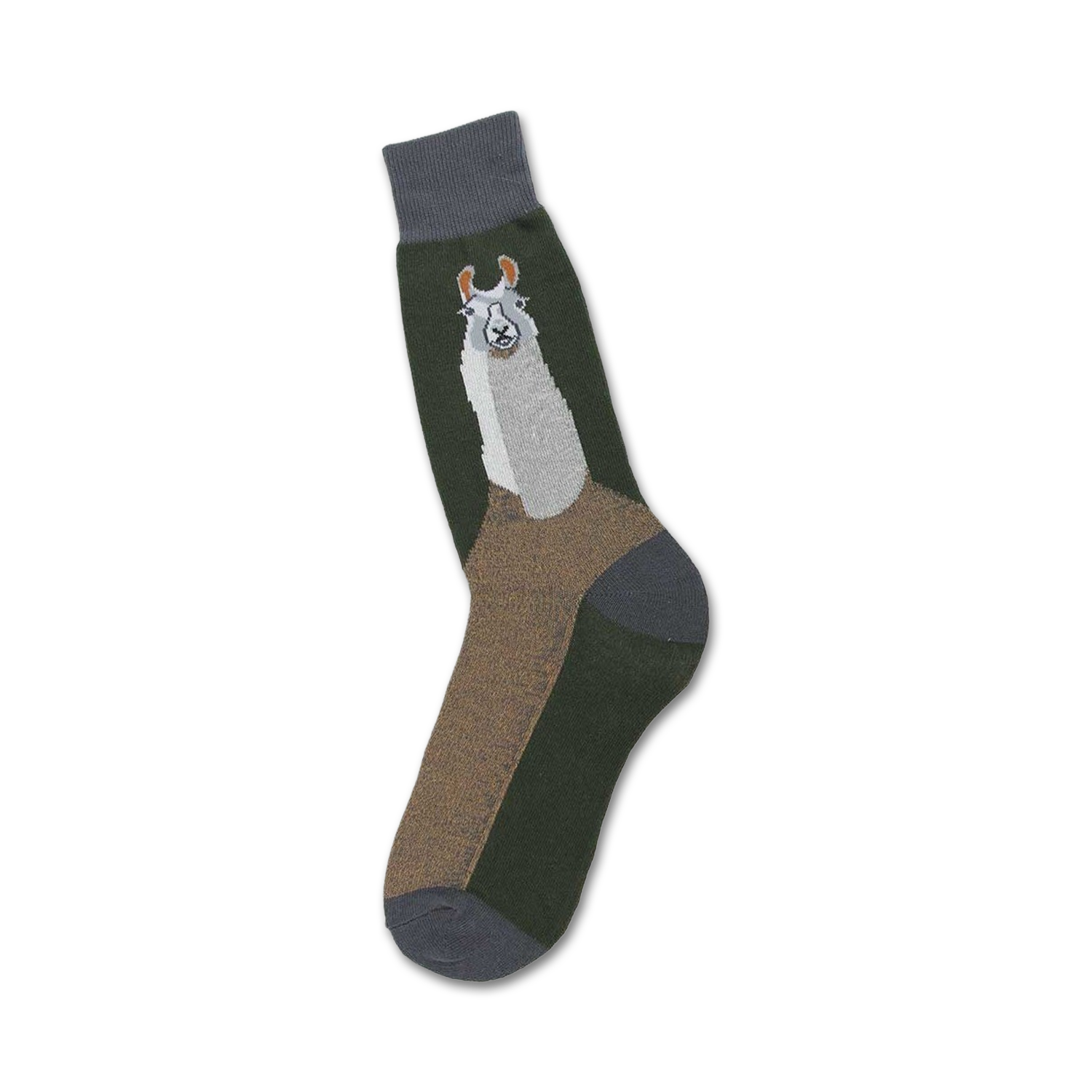 Crew socks in dark green, tan, and grey featuring a whimsical llama design. The llama's face is prominent on the sock.