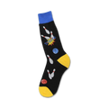 Black crew socks with yellow cuffs, featuring colorful bowling pins, balls, and the word 'STRIKE'.