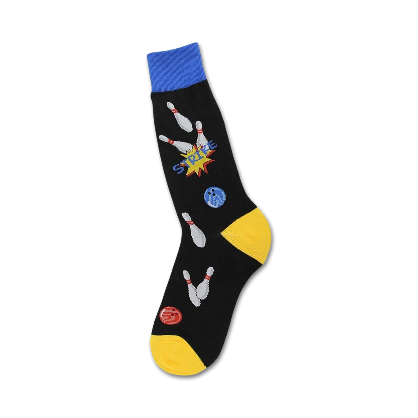 Black crew socks with yellow cuffs, featuring colorful bowling pins, balls, and the word 'STRIKE'.