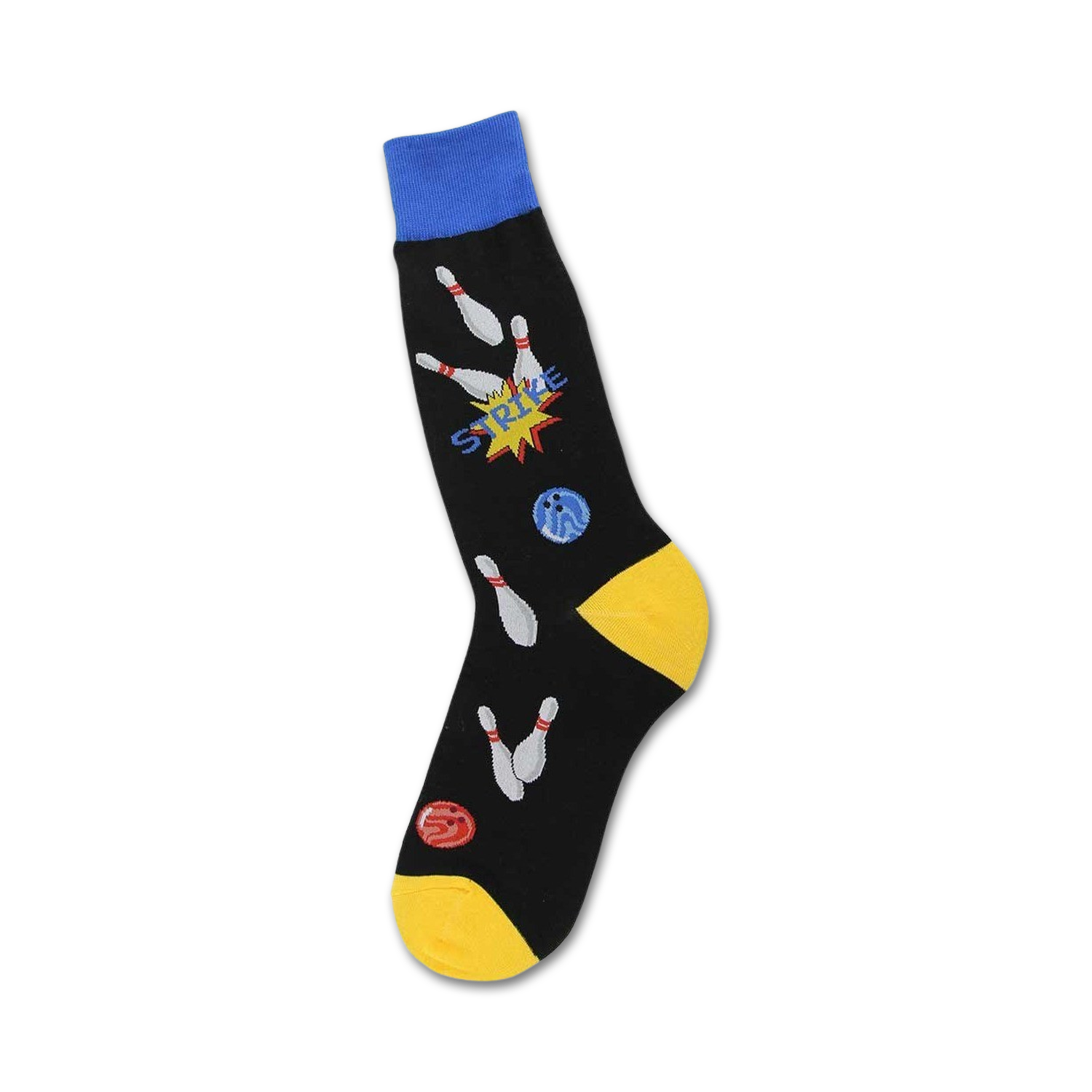 Black crew socks with yellow cuffs, featuring colorful bowling pins, balls, and the word 'STRIKE'.