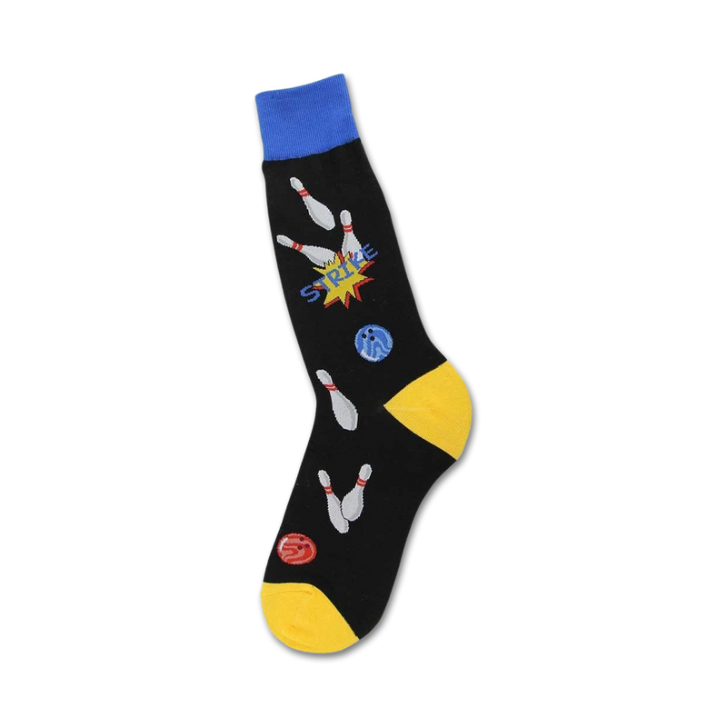 Black crew socks with yellow cuffs, featuring colorful bowling pins, balls, and the word 'STRIKE'.