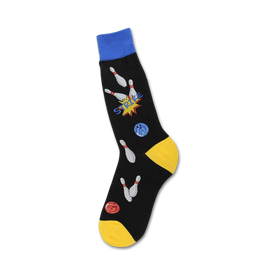 mens black crew socks with yellow toe, heel, and cuff. bowling pins and bowling balls in bright color pattern. 