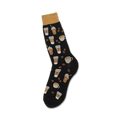 Black crew socks with a fun design of coffee cups, coffee beans, and a tan colored cuff. 