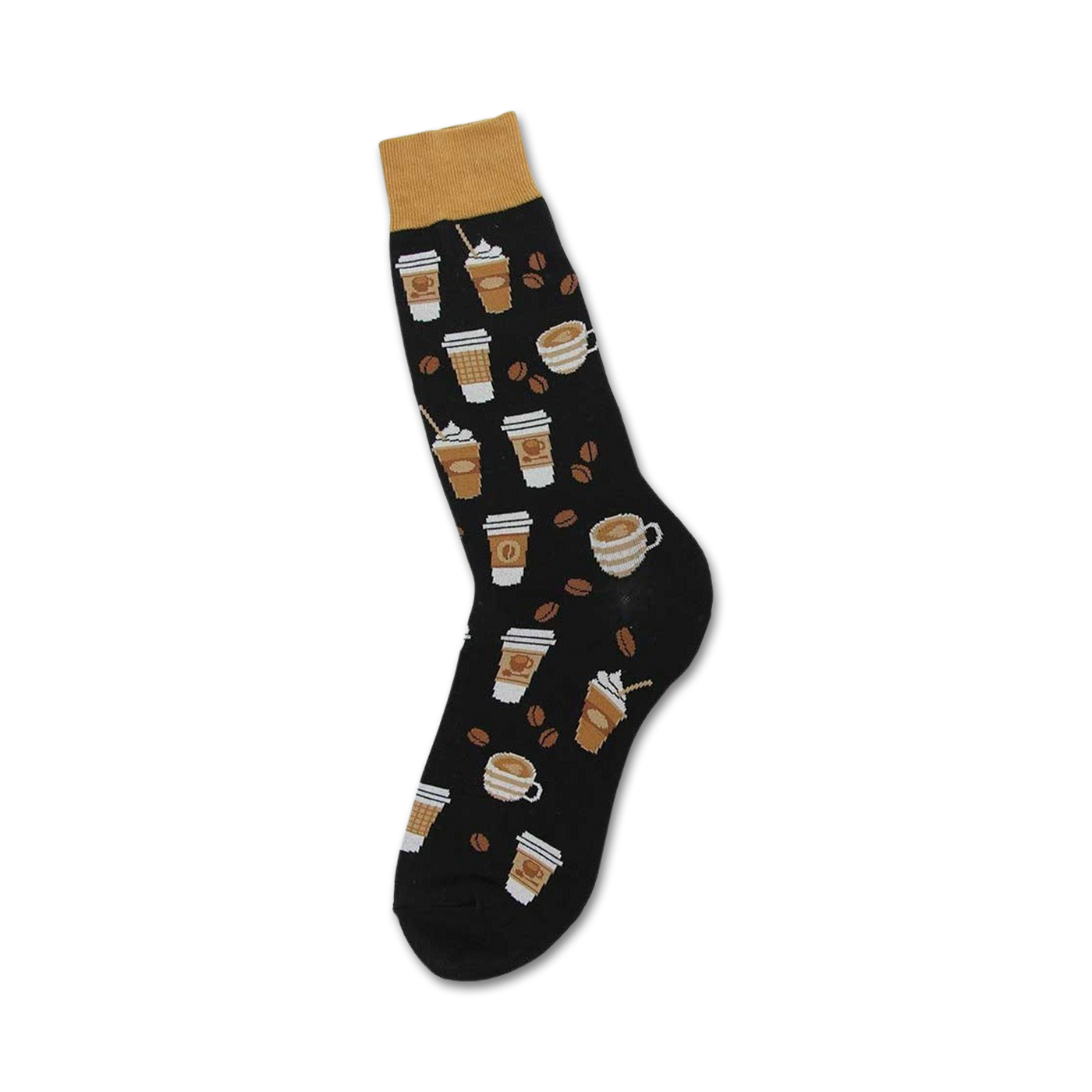 Black crew socks with a fun design of coffee cups, coffee beans, and a tan colored cuff. 