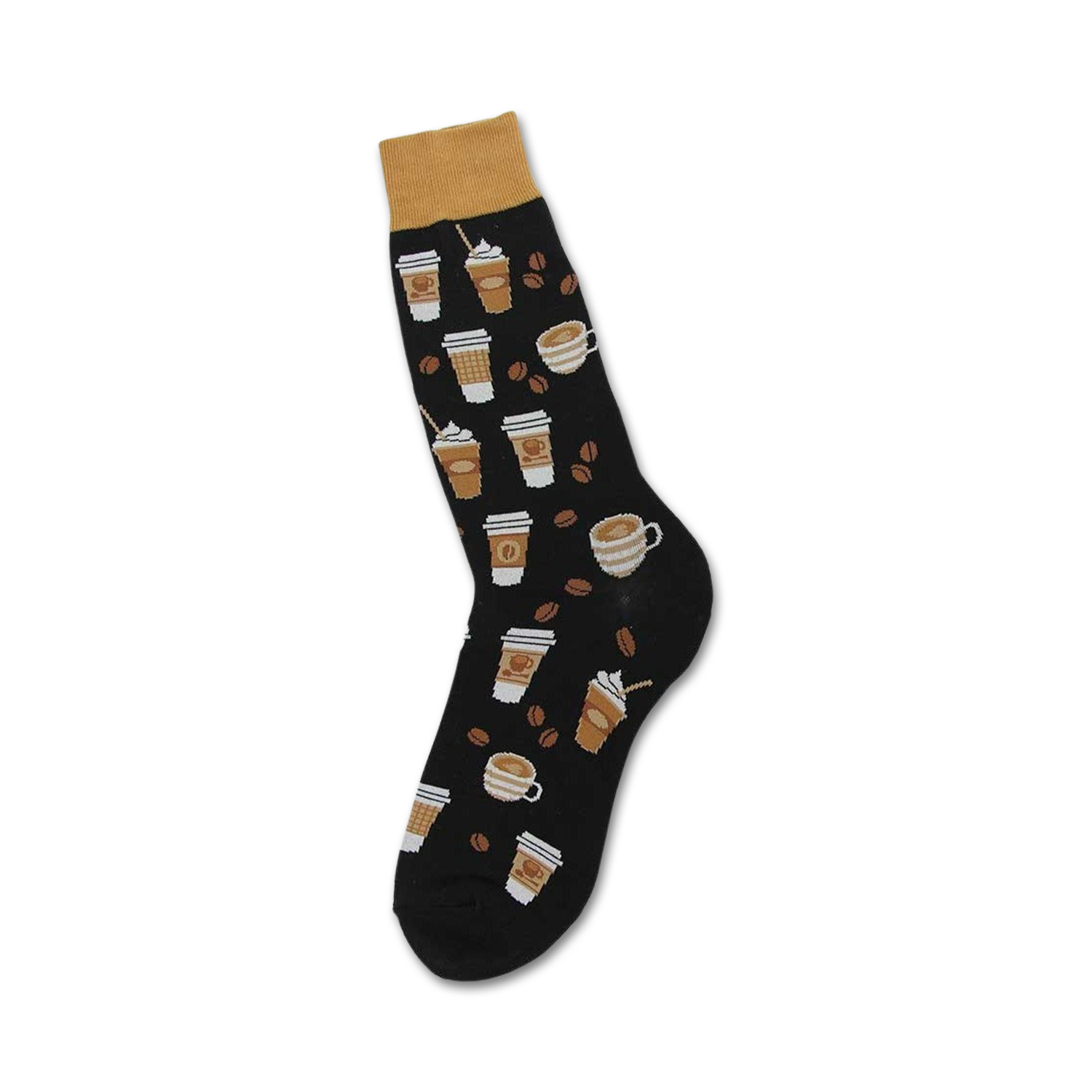 Black crew socks with a fun design of coffee cups, coffee beans, and a tan colored cuff. 