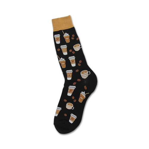 Black crew socks with a fun design of coffee cups, coffee beans, and a tan colored cuff. 