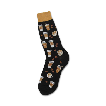 men's black crew socks with a white coffee cup and brown coffee bean pattern.   