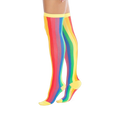 A pair of women's over-the-knee socks with vertical rainbow stripes. The socks are predominantly red, orange, yellow, green, blue, and purple, with yellow cuffs.