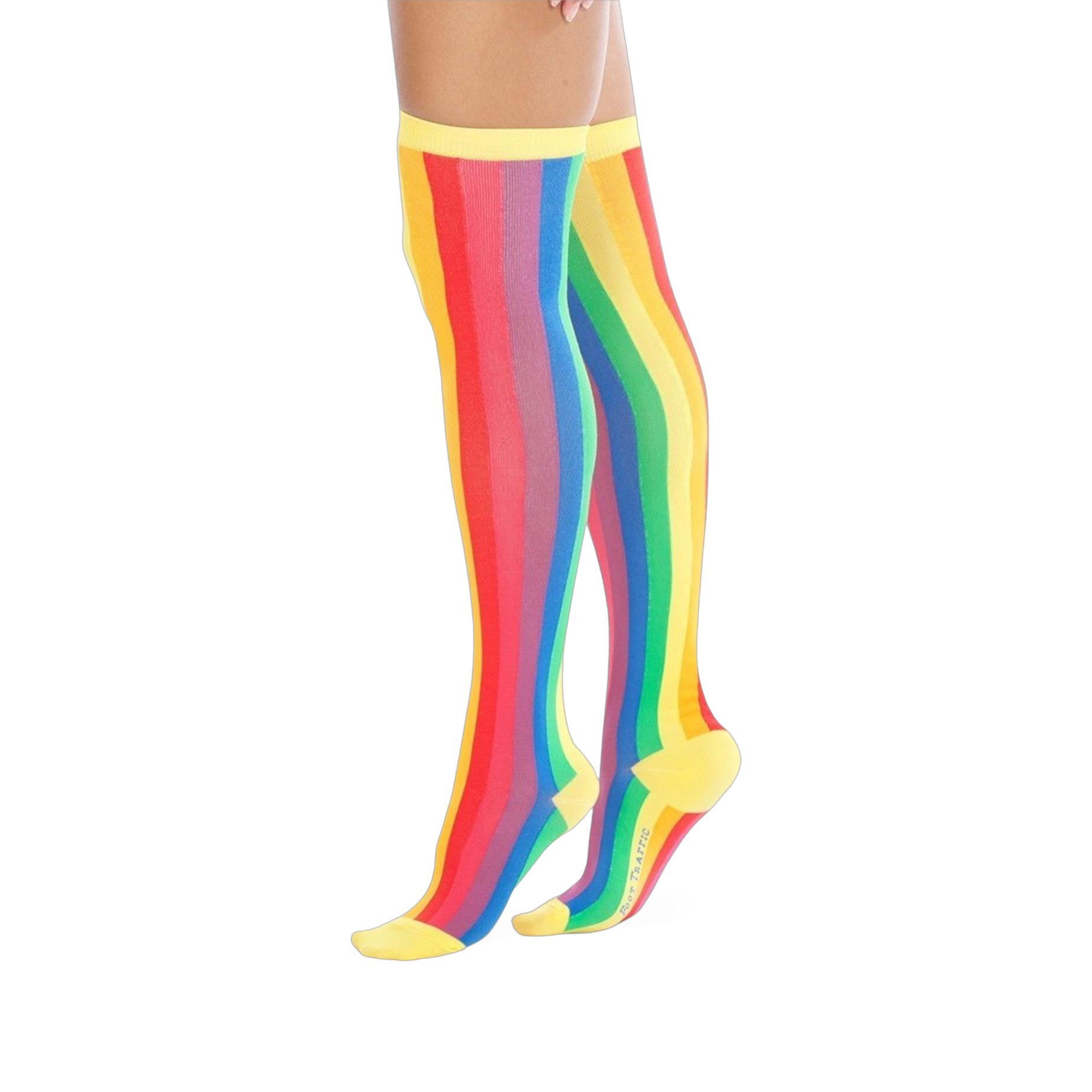 A pair of women's over-the-knee socks with vertical rainbow stripes. The socks are predominantly red, orange, yellow, green, blue, and purple, with yellow cuffs.