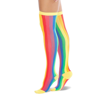 yellow and rainbow striped pride themed knee high novelty socks for women.  