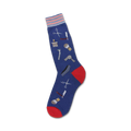 Blue crew socks with a red cuff, featuring illustrated barber tools like scissors, razors, combs and shaving brushes.
