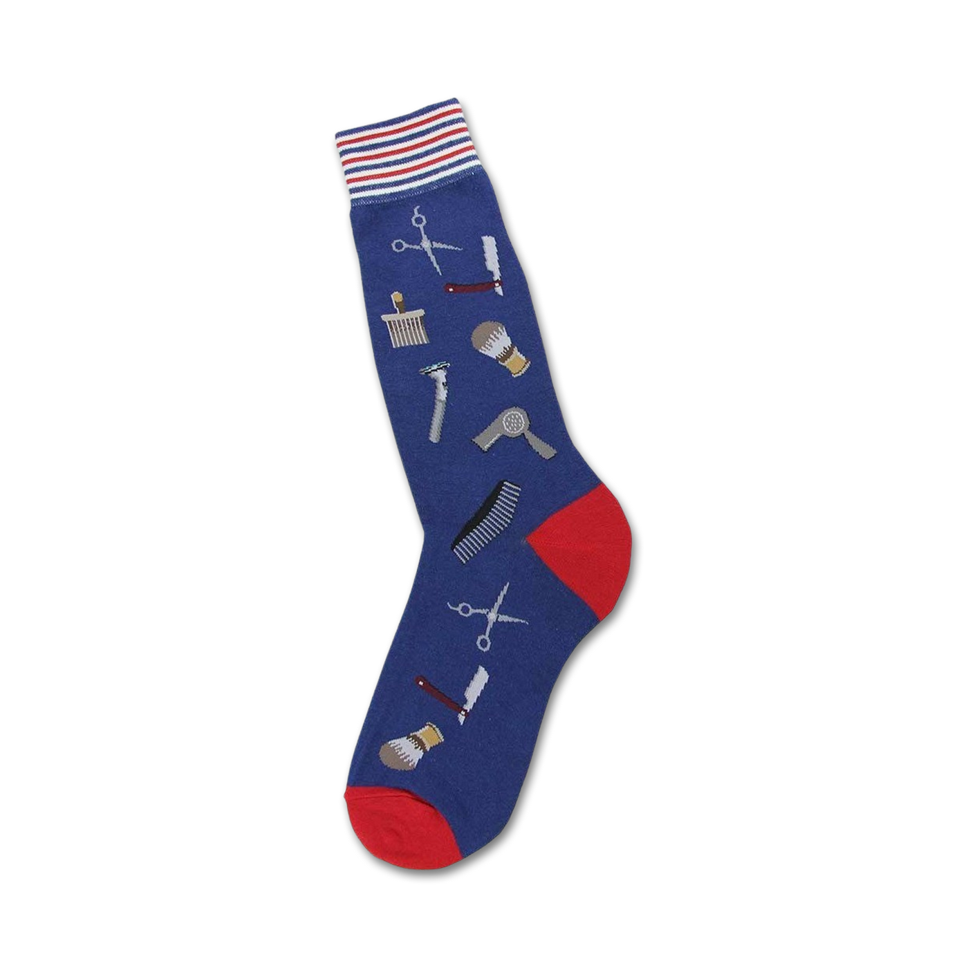 Blue crew socks with a red cuff, featuring illustrated barber tools like scissors, razors, combs and shaving brushes.