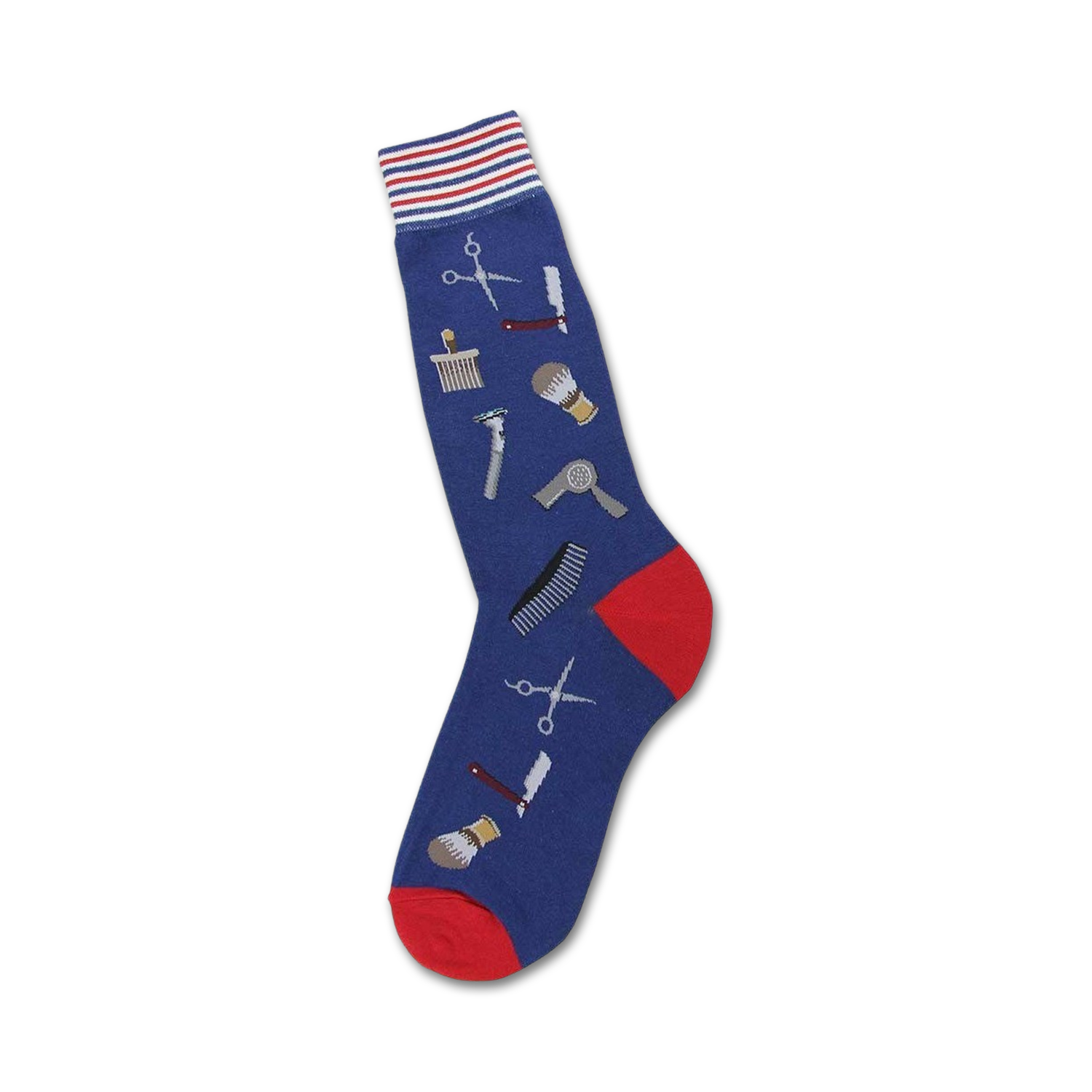 Blue crew socks with a red cuff, featuring illustrated barber tools like scissors, razors, combs and shaving brushes.