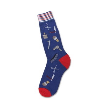 blue crew socks with barber-themed pattern of razors, brushes, scissors, and combs.   