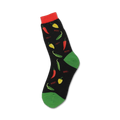 Crew socks in black with red, yellow, and green peppers and the word 'HOT!' printed on them. Fun, colorful design.