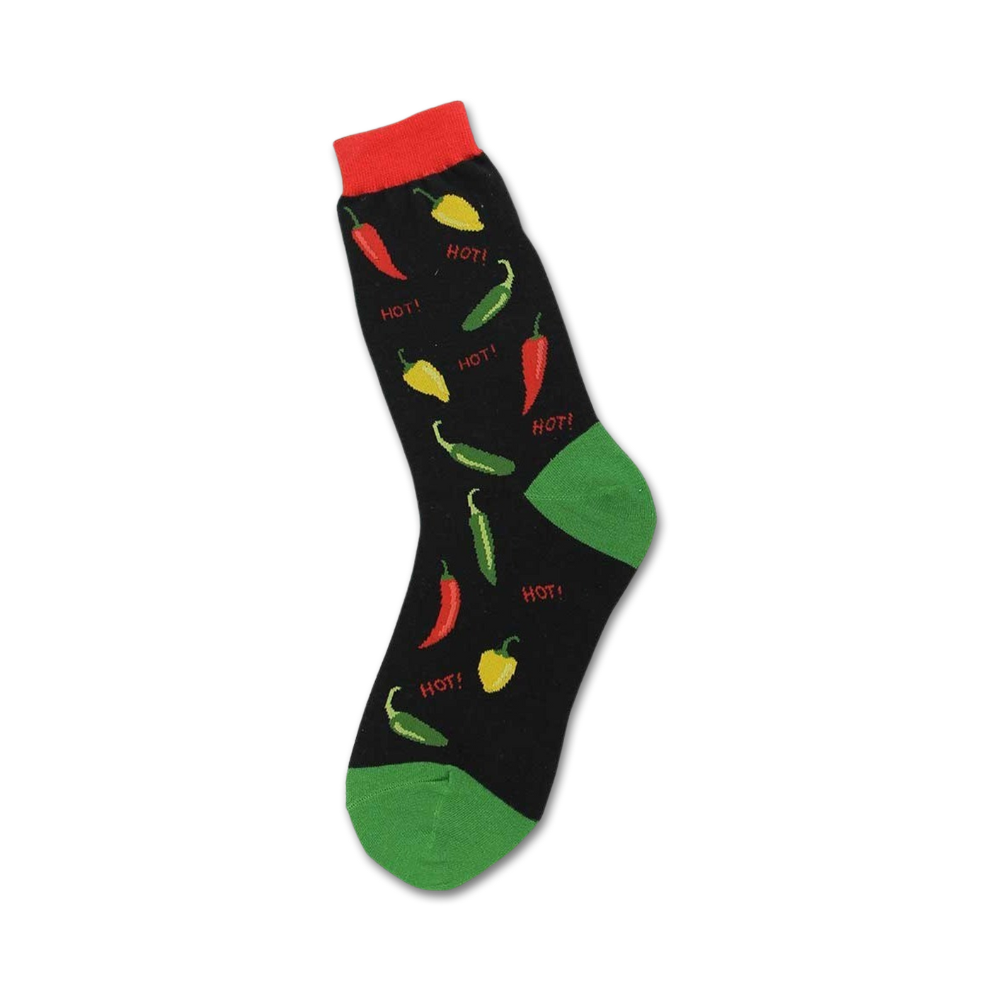 Crew socks in black with red, yellow, and green peppers and the word 'HOT!' printed on them. Fun, colorful design.