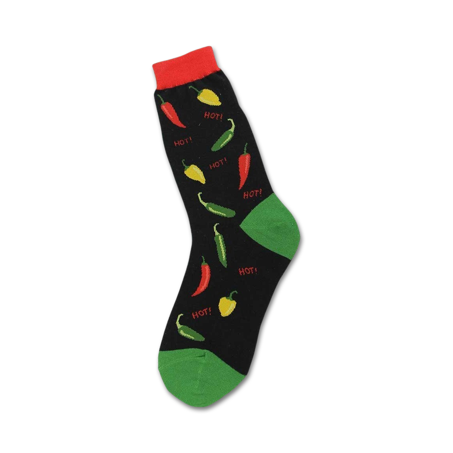 Crew socks in black with red, yellow, and green peppers and the word 'HOT!' printed on them. Fun, colorful design.