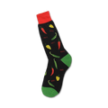 Crew socks with a black background featuring red and green chili peppers and the word 'HOT!' throughout the design. Red, green, yellow, and black colors are featured.