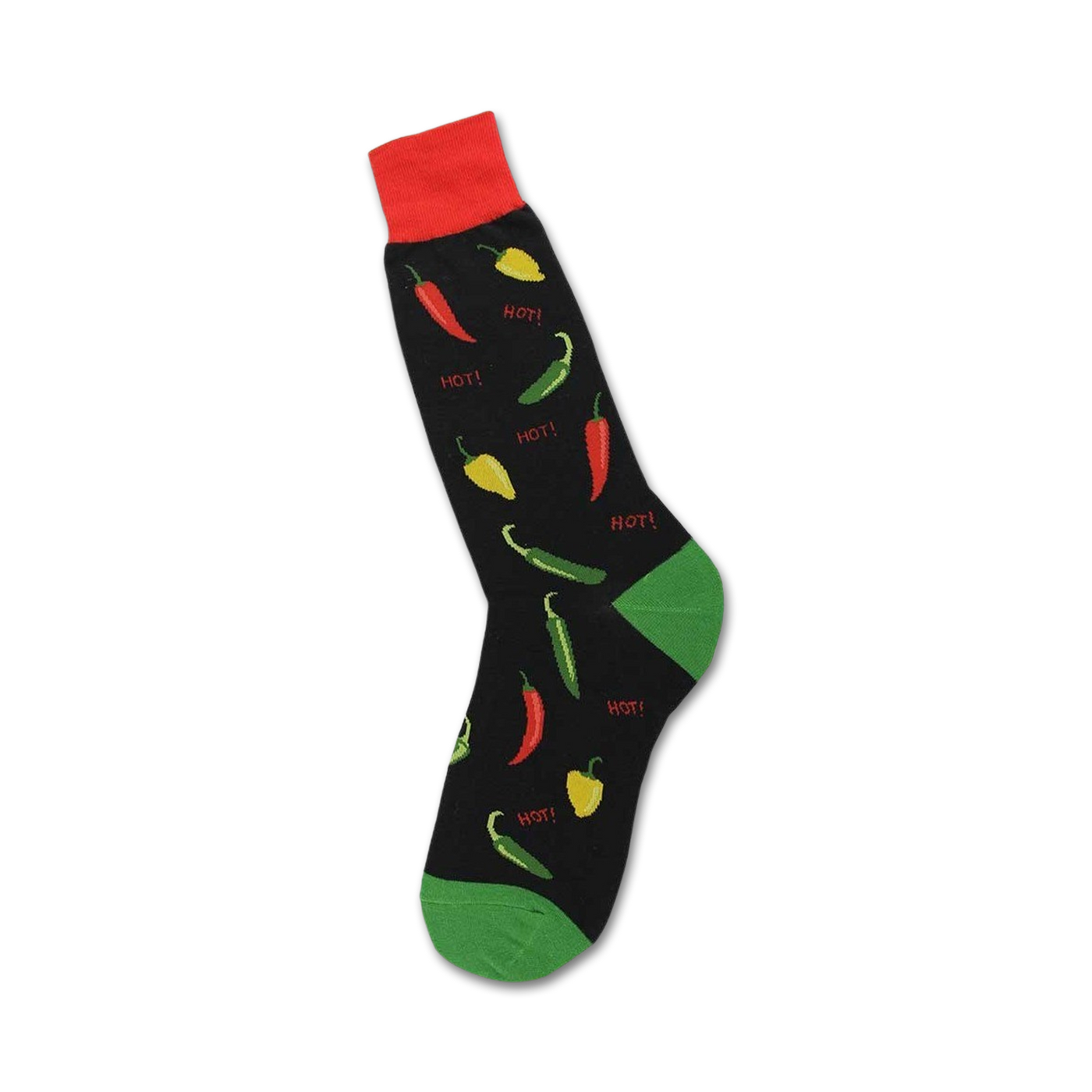 Crew socks with a black background featuring red and green chili peppers and the word 'HOT!' throughout the design. Red, green, yellow, and black colors are featured.
