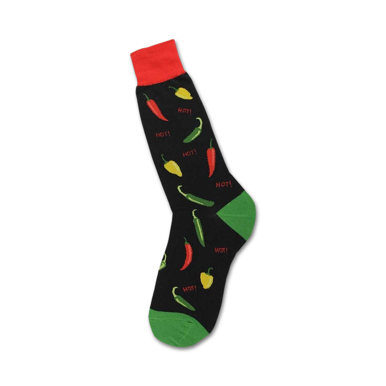 Crew socks with a black background featuring red and green chili peppers and the word 'HOT!' throughout the design. Red, green, yellow, and black colors are featured.