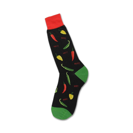 black crew socks with red, yellow, and green chili pepper pattern. white outlines and "hot!" text. keywords: chili pepper socks, food socks, fun socks, mens socks.  
