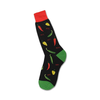 black crew socks with red, yellow, and green chili pepper pattern. white outlines and "hot!" text. keywords: chili pepper socks, food socks, fun socks, mens socks.  