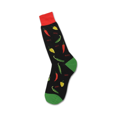 black crew socks with red, yellow, and green chili pepper pattern. white outlines and "hot!" text. keywords: chili pepper socks, food socks, fun socks, mens socks.  