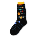 Black crew sock with colorful labeled planets, blue orbital lines, stars, and a bright yellow and orange cuff.