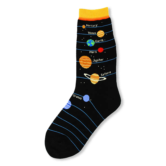Black crew sock with colorful labeled planets, blue orbital lines, stars, and a bright yellow and orange cuff.
