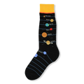 Black crew sock with yellow cuff, featuring labeled solar system planets on blue orbit lines and a starry background.