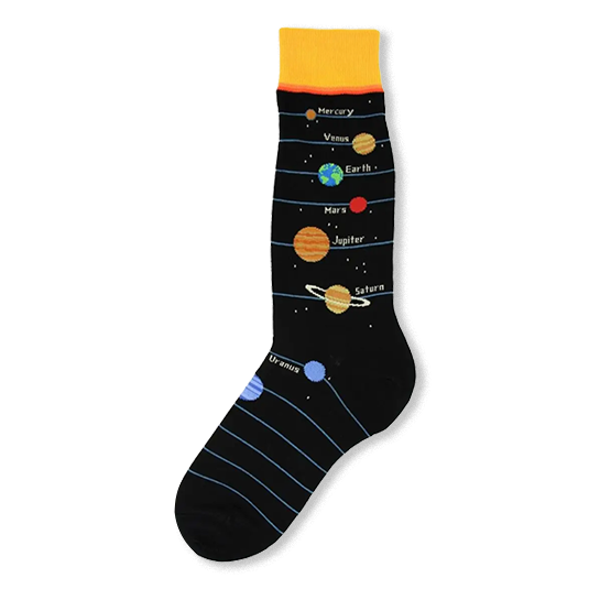 Black crew sock with yellow cuff, featuring labeled solar system planets on blue orbit lines and a starry background.