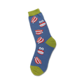 Crew socks in blue with a playful design of red cartoon dentures and googly eyes.  A lime green cuff adds a pop of color.