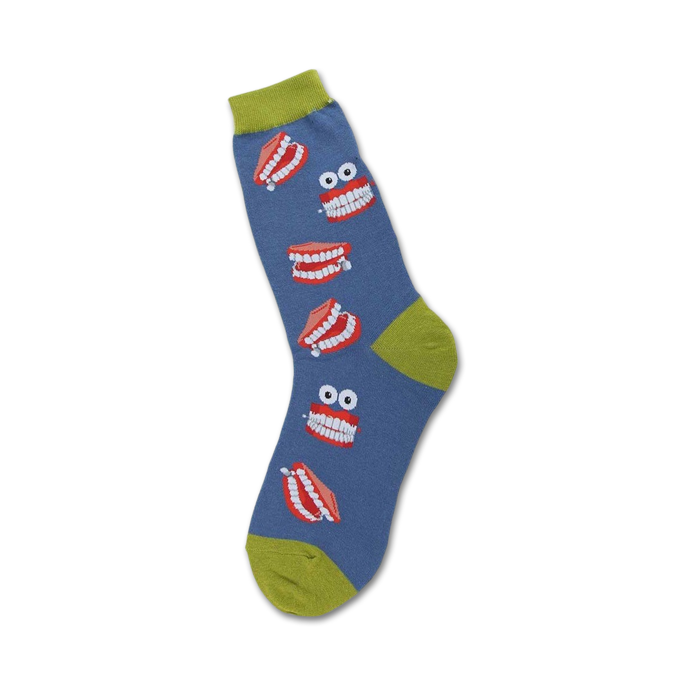 Crew socks in blue with a playful design of red cartoon dentures and googly eyes.  A lime green cuff adds a pop of color.