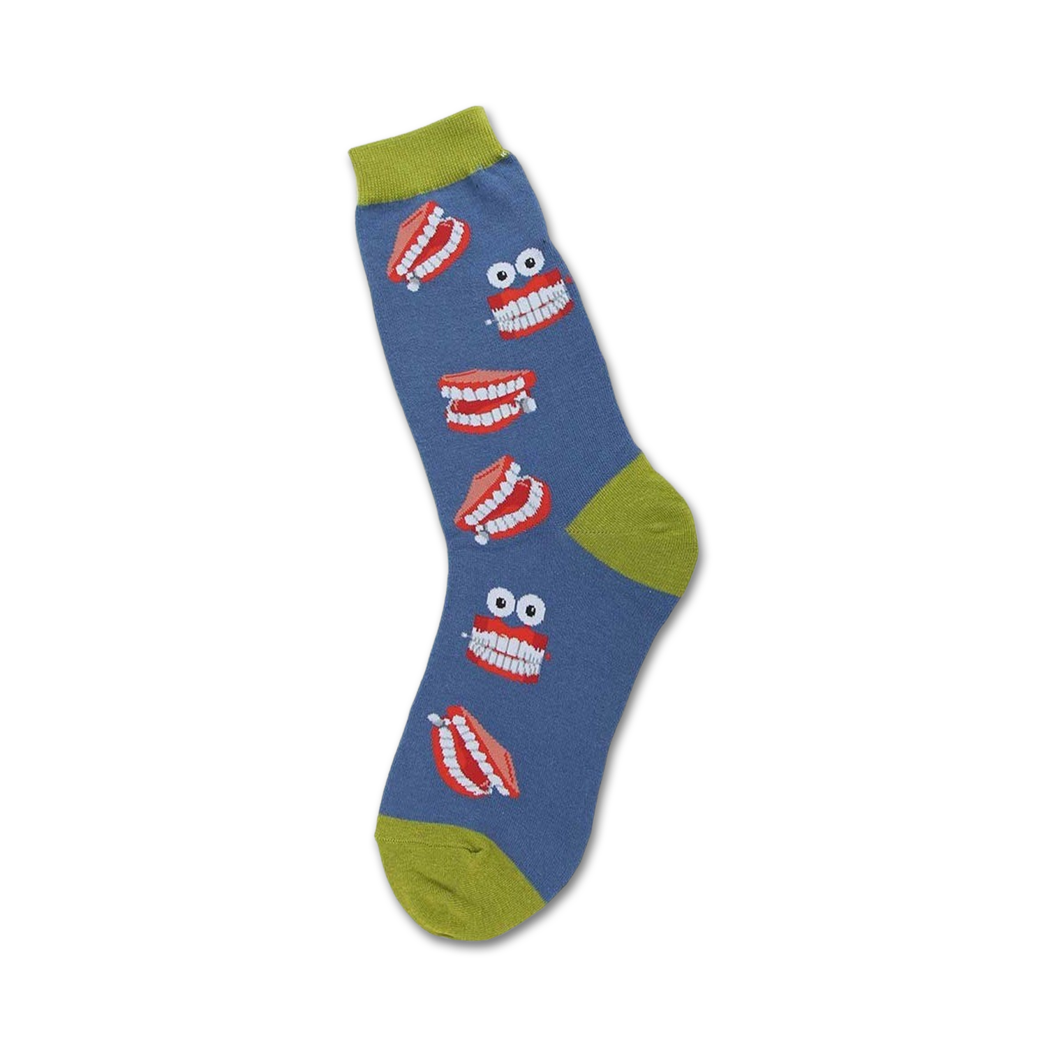 Crew socks in blue with a playful design of red cartoon dentures and googly eyes.  A lime green cuff adds a pop of color.