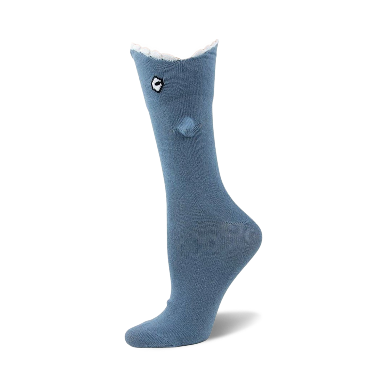Close-up of a blue Shark Bite 3D sock on a mannequin foot.